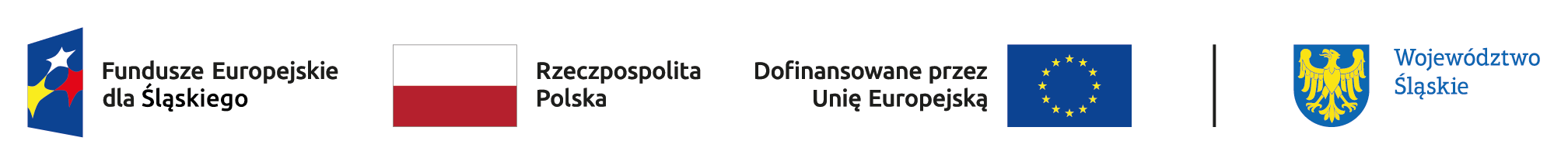 Zestawienie znaków: Fundusze Europejskie dla Śląskiego, Flaga Rzeczypospolitej Polskiej, flaga Unii Europejskiej z podpisem Dofinansowane przez Unię Europejską, oraz herb Województwa Śląskiego